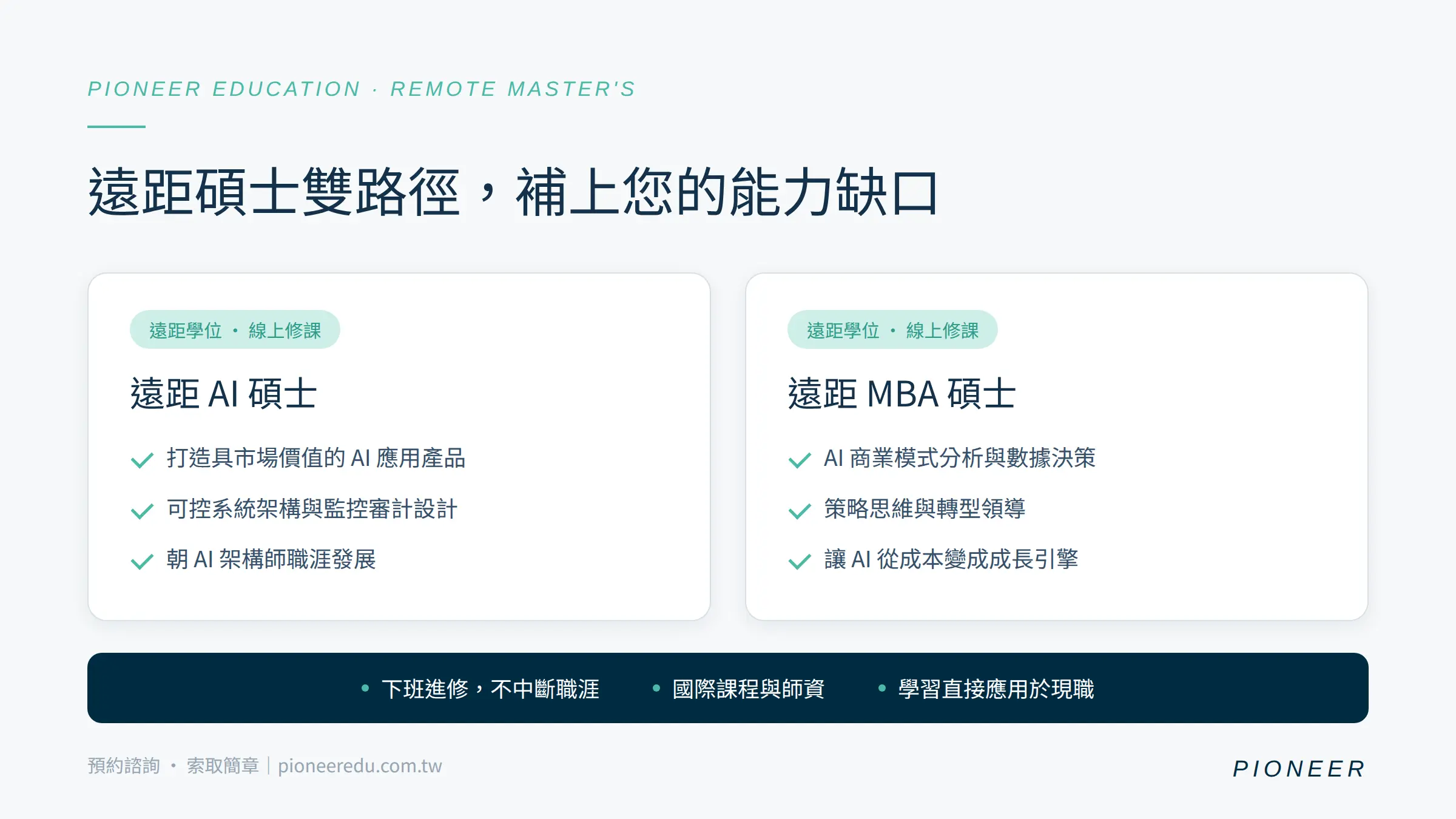 先鋒教育遠距碩士雙路徑圖卡:遠距 AI 碩士與遠距 MBA 碩士課程比較
